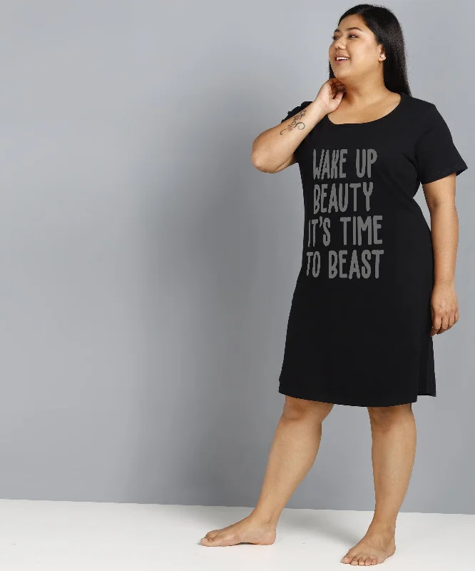 Womens Plus Size Printed Nighty (Black)