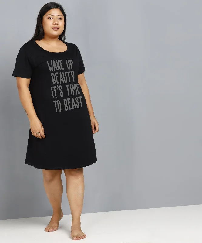 Womens Plus Size Printed Nighty (Black)