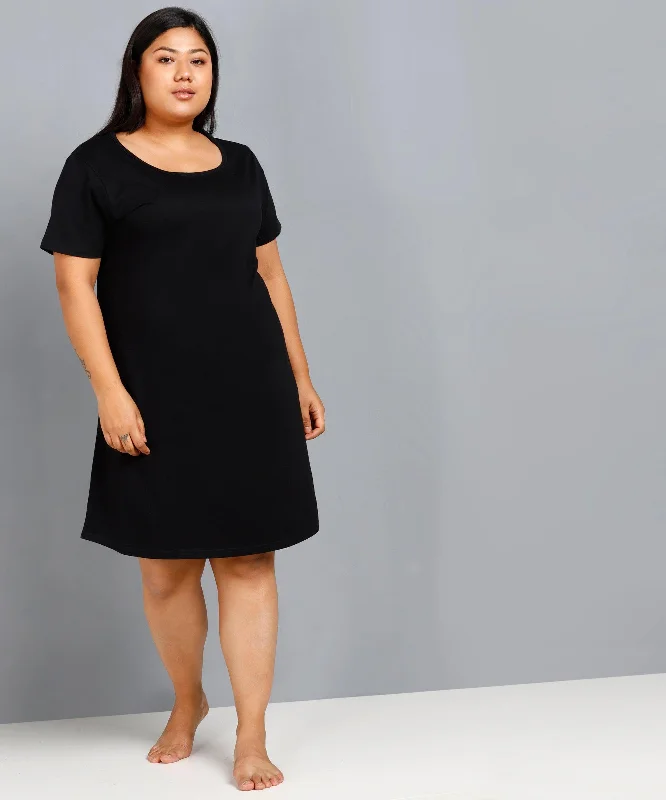 Womens Solid Plus Size Night Dress (Black)