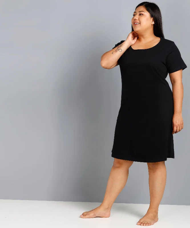 Womens Solid Plus Size Night Dress (Black)