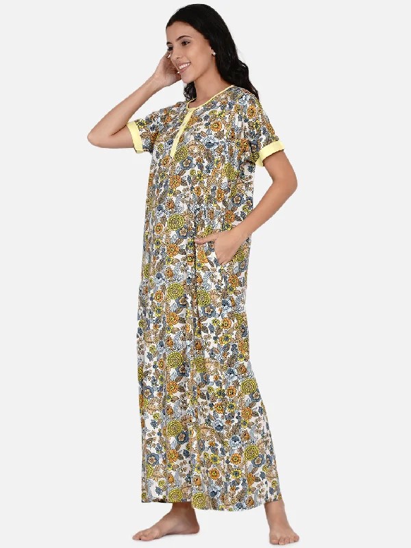 Yellow Floral Printed Nighty