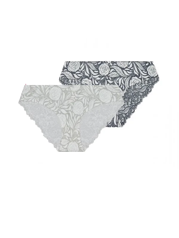 Signature Print Lace Bum Bikini Briefs (2 pack) -Pewter Rose and Ice Rose