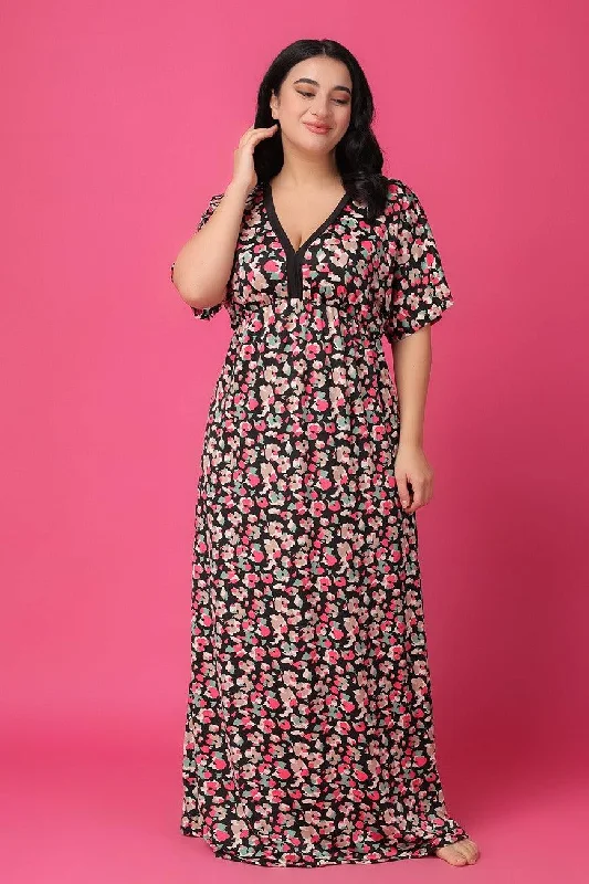 Black Floral Printed Night Dress