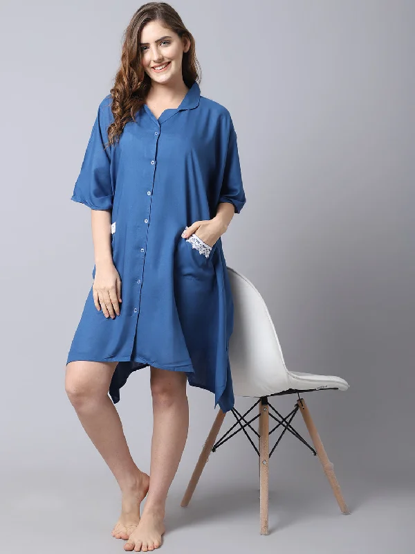 Women's Rayon Solid Short Kaftan Nighty/Loungwear- Blue