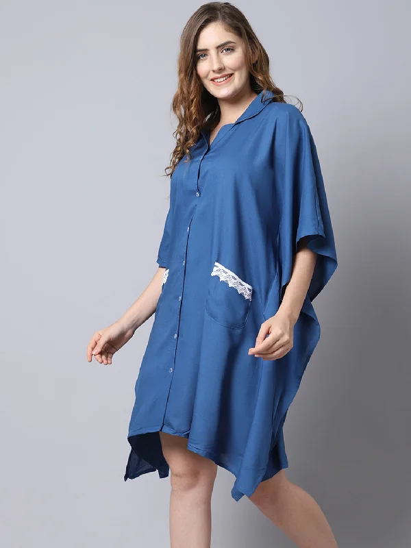 Women's Rayon Solid Short Kaftan Nighty/Loungwear- Blue