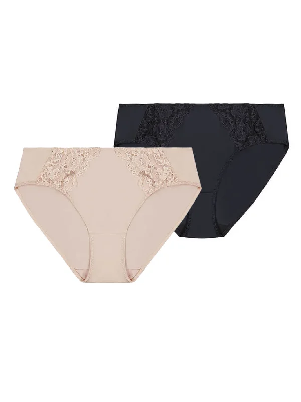 Lace Midi Briefs (2 Pack) - Black and nude Almond