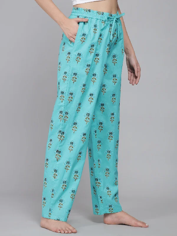 Sea Green Women's Floral Cotton Pyjama