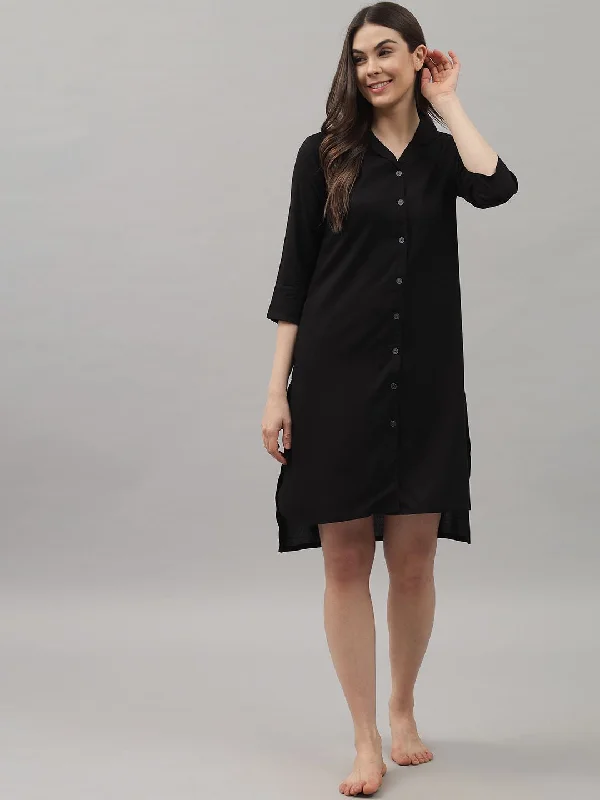 Solid Black Knee Length Rayon Sleep Shirt