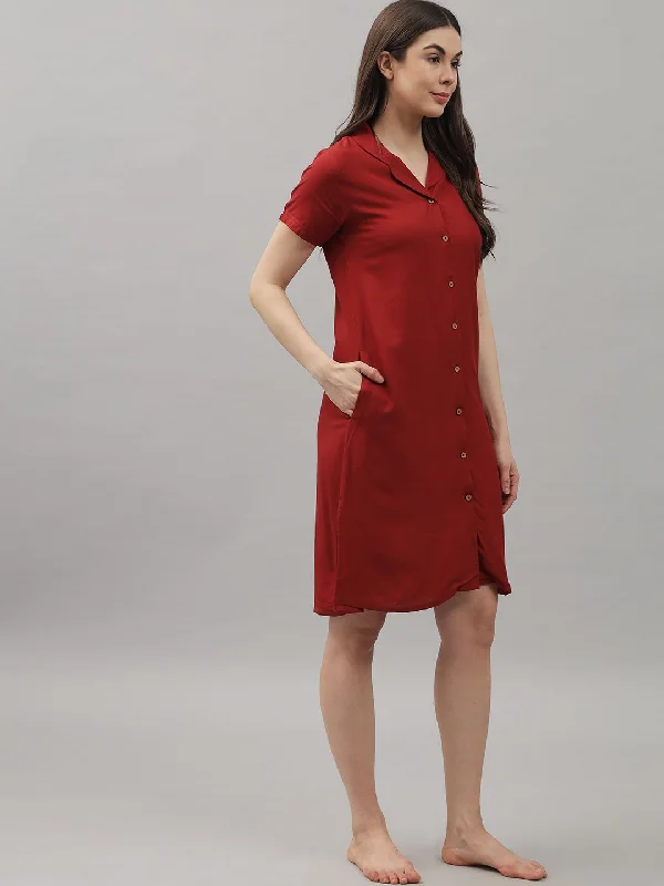 Solid Maroon Knee Length Rayon Sleep Shirt