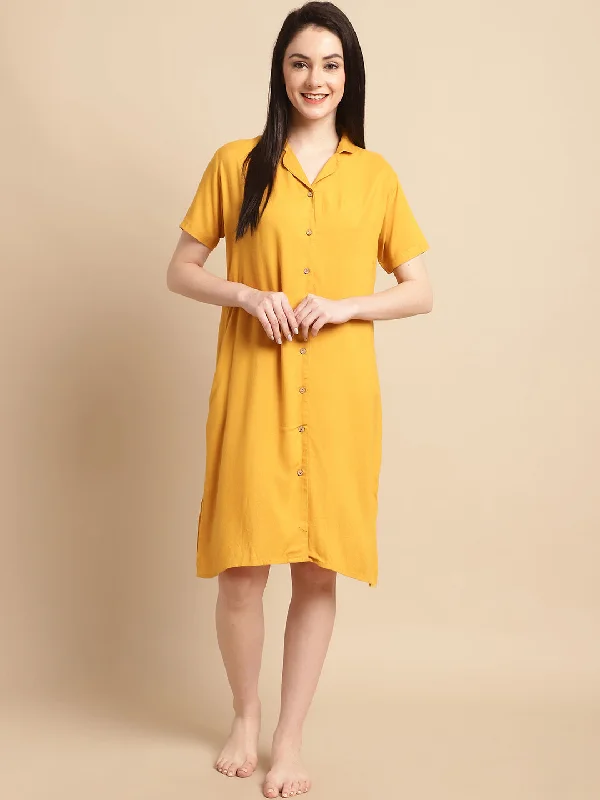 Solid Mustard Knee Length Rayon Sleep Shirt