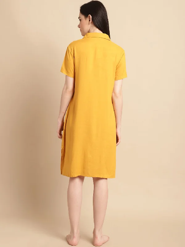 Solid Mustard Knee Length Rayon Sleep Shirt