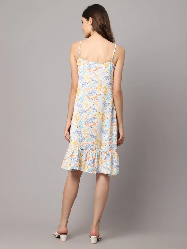 Leaf Print Short Frill Dress - Multicolor