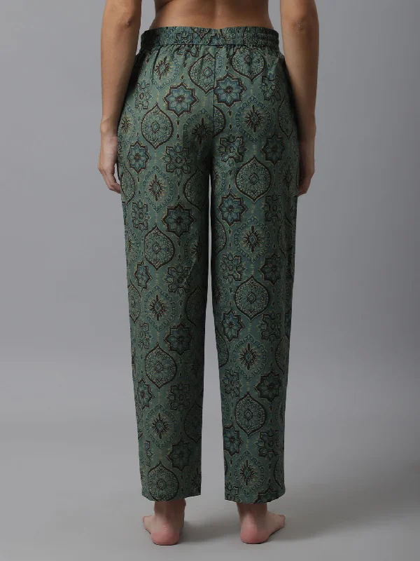 Women's Green Floral Cotton Pyjama / Lounge Pants - Green