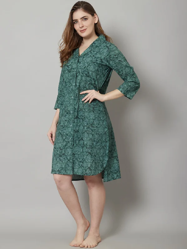 Women's Printed Knee Length Sleepshirt/ Night Shirt Dress - Green