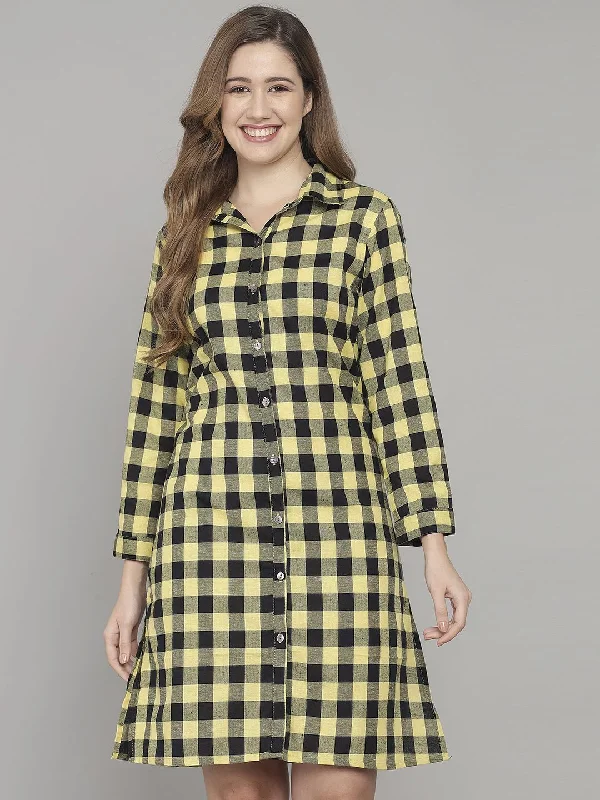 Yellow And Black Check Print Knee Length Cotton Sleep Shirt