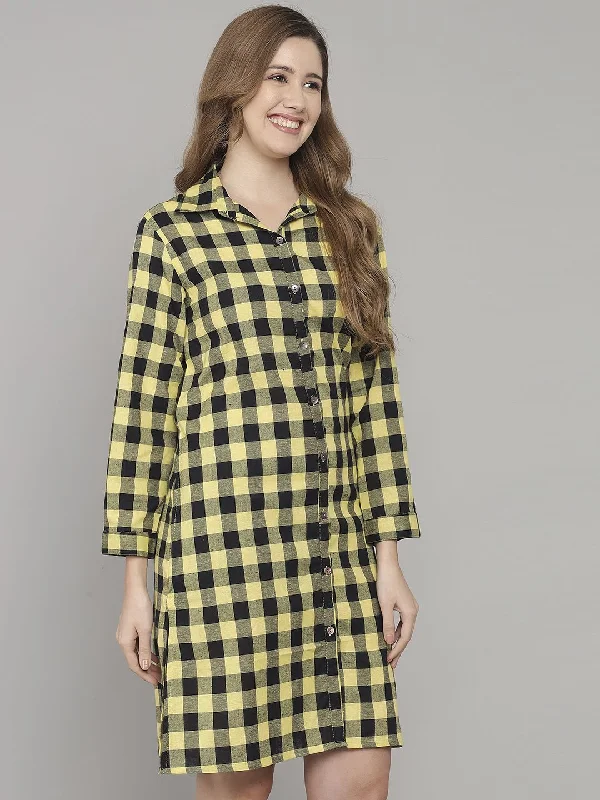 Yellow And Black Check Print Knee Length Cotton Sleep Shirt