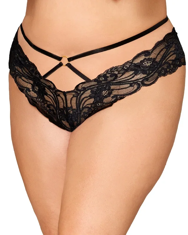 Dreamgirl Plus Size Stetch Lace Cheeky Open-Crotch Thong