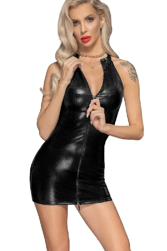 Snake wet look mini-dress with front zipper