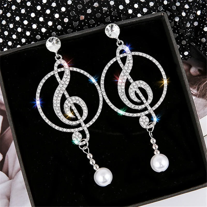 Music Symbol Rhinestone Crystal  Drop Earrings