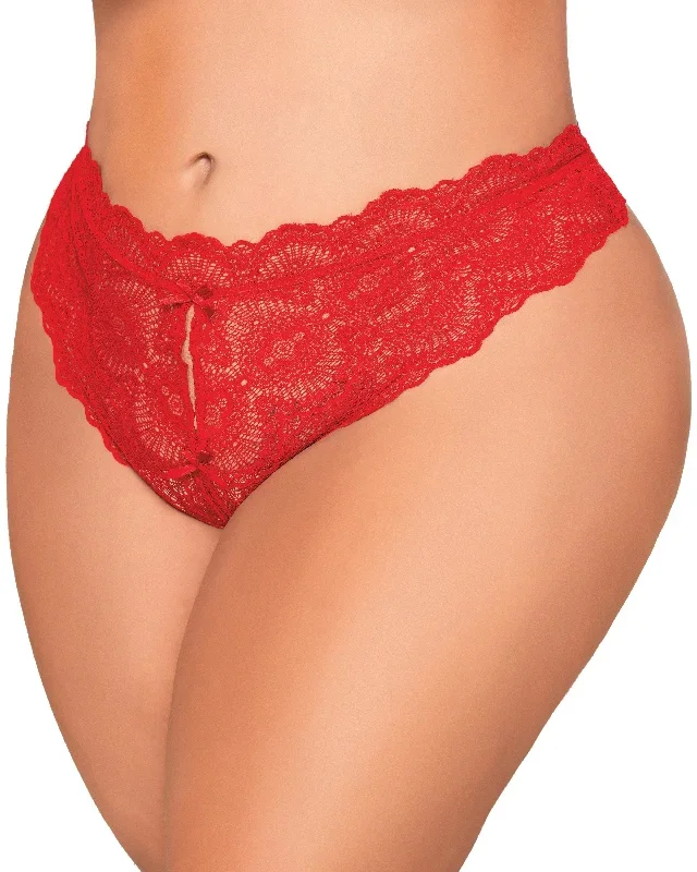 Dreamgirl Plus Size Lace Tanga Open Crotch Panty with Open Back Detail