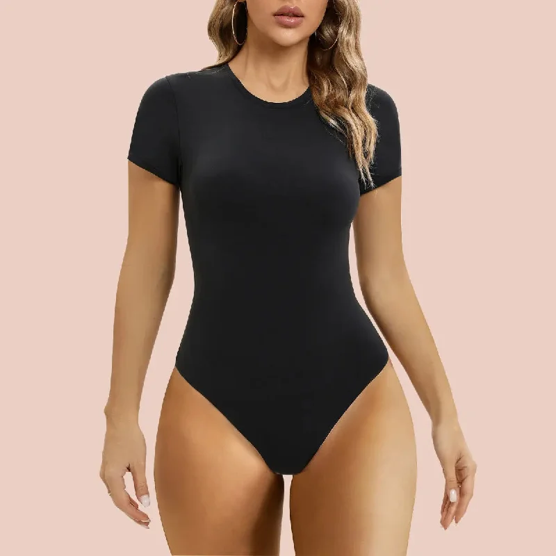 SHAPERX Short Sleeve Bodysuit Tops Crew Neck Thong Body Suit