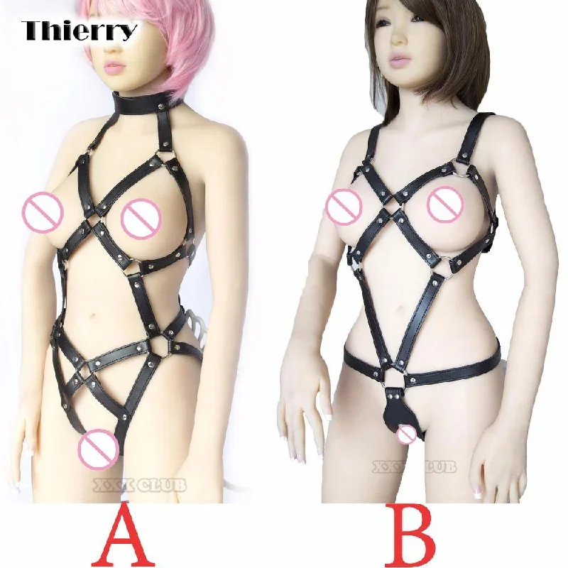 Thierry adult games PU leather Body Harness for women fetish slave bondage restraints,exposed breast chastity belt,sex products